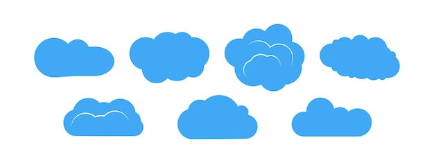 Set of seven blue clouds on white background. Vector illustration.