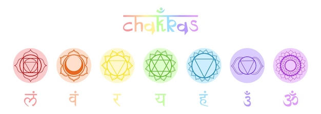 Set of seven colorful chakra circles with sanskrit symbols Round icons in pastel colors