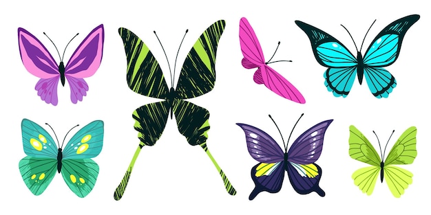 Set of seven tropical butterflies hand drawn