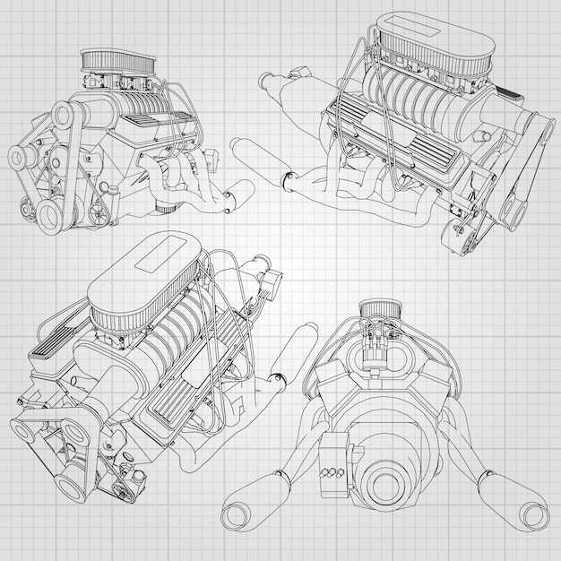 A set of several types of powerful car engine. The engine is drawn with black lines on a white sheet in a cage