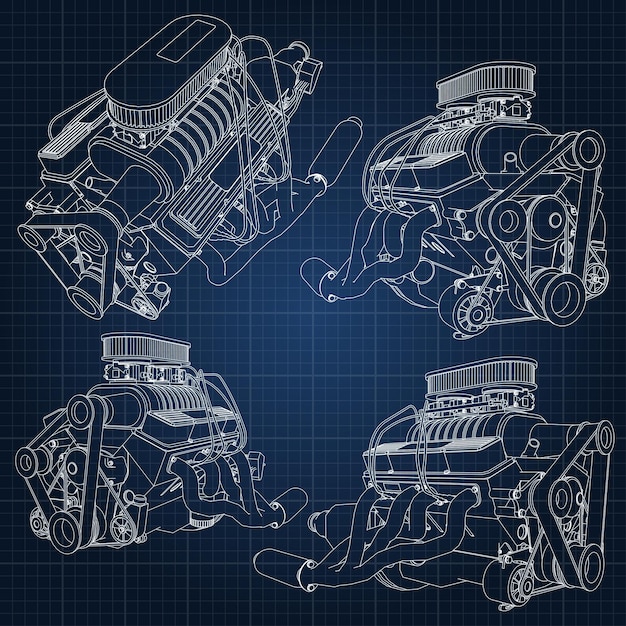 A set of several types of powerful car engine. The engine is drawn with white lines on a dark blue sheet in a cage.