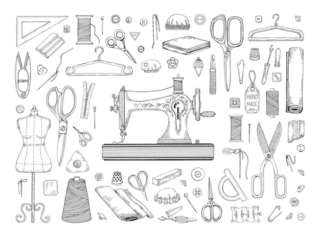 Set sewing accessories line art Tailor profession Sewing machine scissors manikin fabrics needle bar thread thimble Hand drawn vector illustration