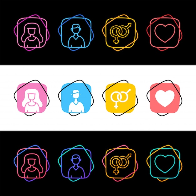 Set of sex avatar man and woman simple colorful icon in three styles. Male famale and love heart