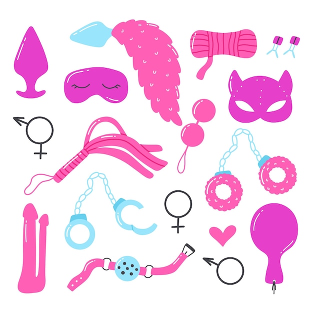 Vector set of sex toys collection of toys for adults vector illustration flat style sex shop set set of erotic elements bdsm toys