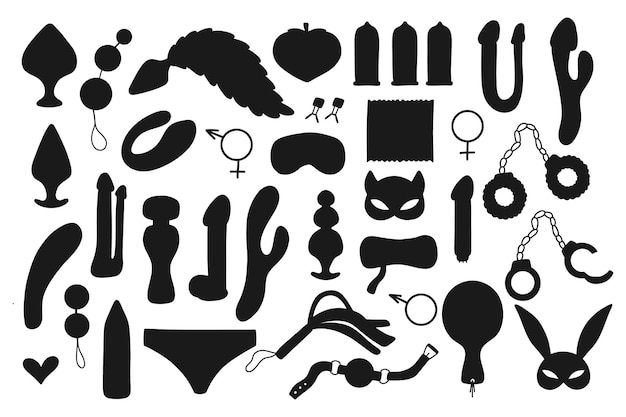 Vector set of sex toys collection of toys for adults vector illustration silhouette style sex shop set set of erotic elements bdsm toys