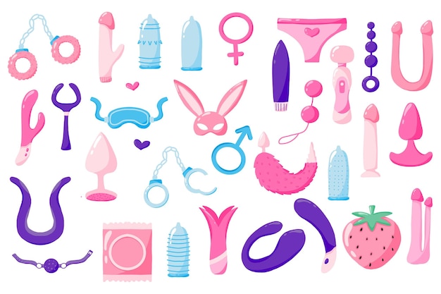 Vector set of sex toys set of adult toys accessories for sex vector set in cartoon style vector illustration