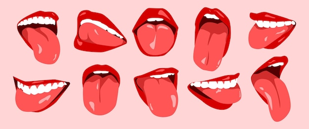 set of sexy woman's lips with red lipstick white teeth and tongue out mouth icon flat vector