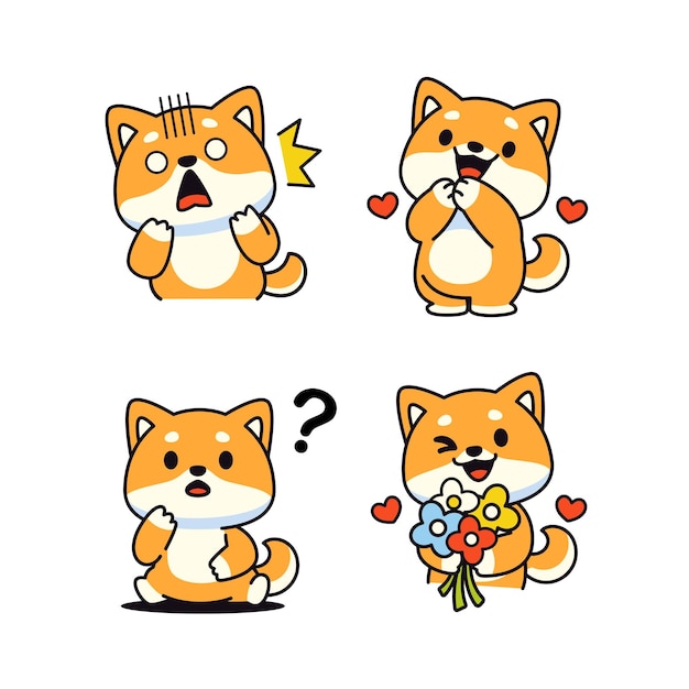 Set of shiba inu dog cartoon sticker vector