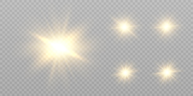 Set of shining golden stars isolated on transparent background. Effects, glare, lines, glitter,