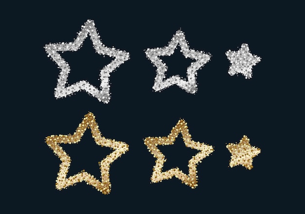 Set of shiny metal stars made of gold and silver cruumbs in different sizes glitter