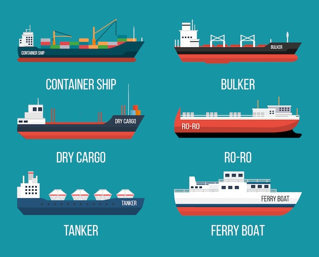 Set of ships in modern flat style. High quality delivery and shipping boats illustration