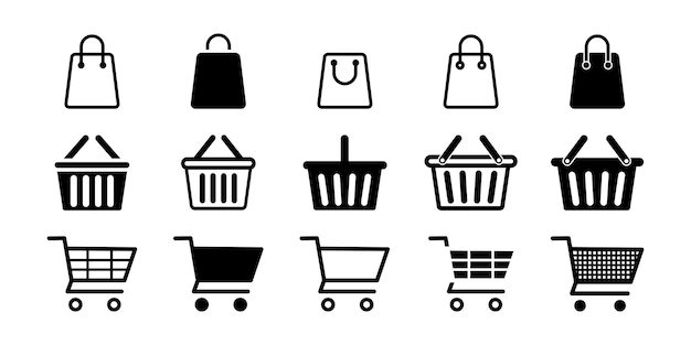 Set of shopping icons on transparent background. Baskets, carts and bags for shopping.