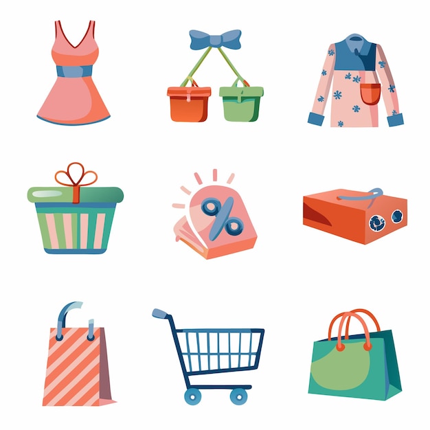 Set of Shopping Icons with Dress Shirt Present Discount Box Bag Shopping Cart and Bag