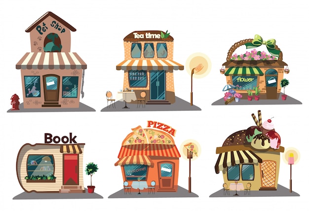 Set of shops. Collection of small cartoon shops with a sign. Vector illustration.