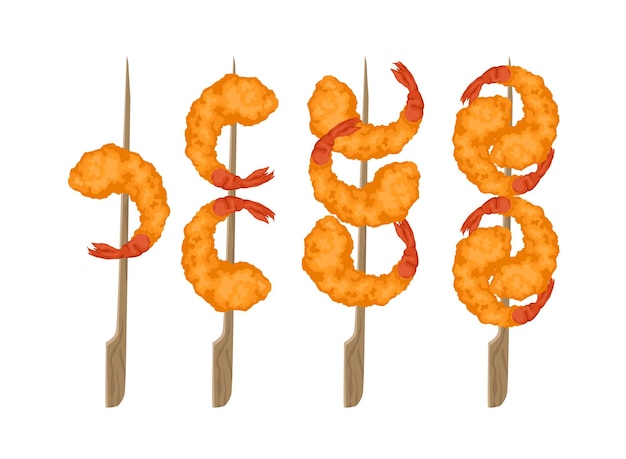 Vector set of shrimp tempura yakitori with different quantities shrimp in batter for asian fast food and