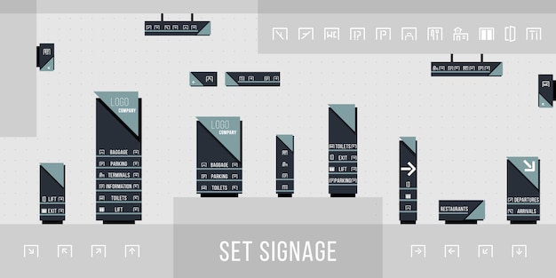 Vector set of signage  .direction,pole, wall mount and traffic signage system design template set.exterior and interior signage concept. office exterior monument sign, pylon sign.  illustration.