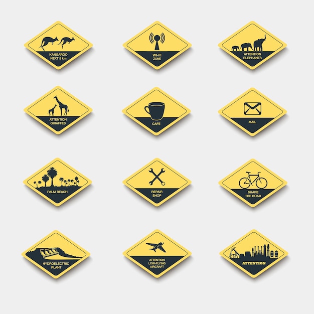 Set of signs of attention caution and danger