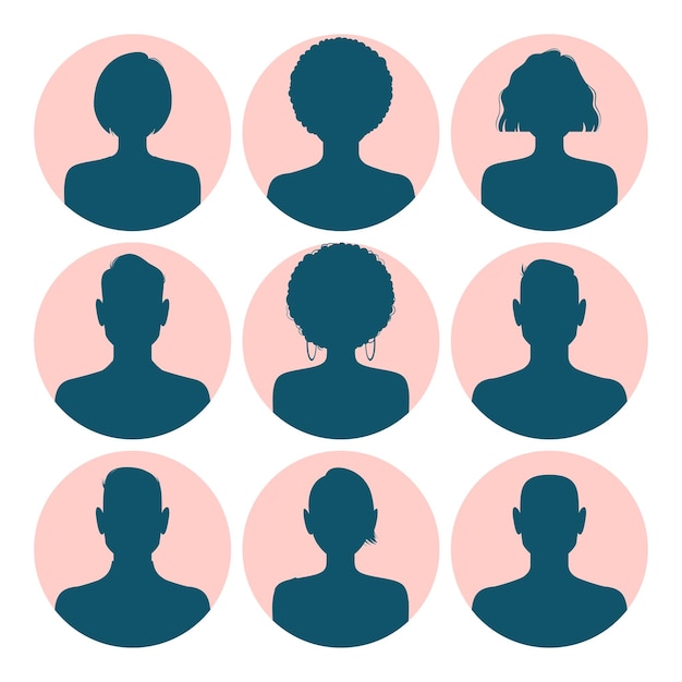 Set of silhouette avatar profile pictures isolated on pink round backgrounds Vector illustration