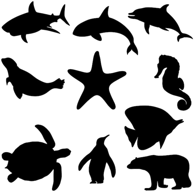 set of silhouette cartoon isolated ocean animals. Whale, dolphin, shark, fish star.