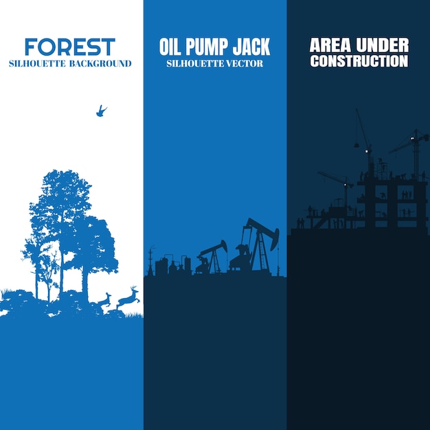 Set of silhouette: Construction, Oil pump jack, Natural.