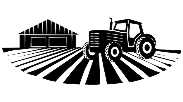 Set of silhouette scenes from farm life with fields barns and machinery isolated on white