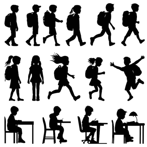 Set of silhouette schoolchildren sitting at a desk silhouette children with backpacks vector