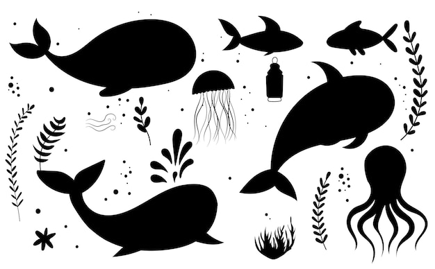 Set silhouette sea animals on white background vector