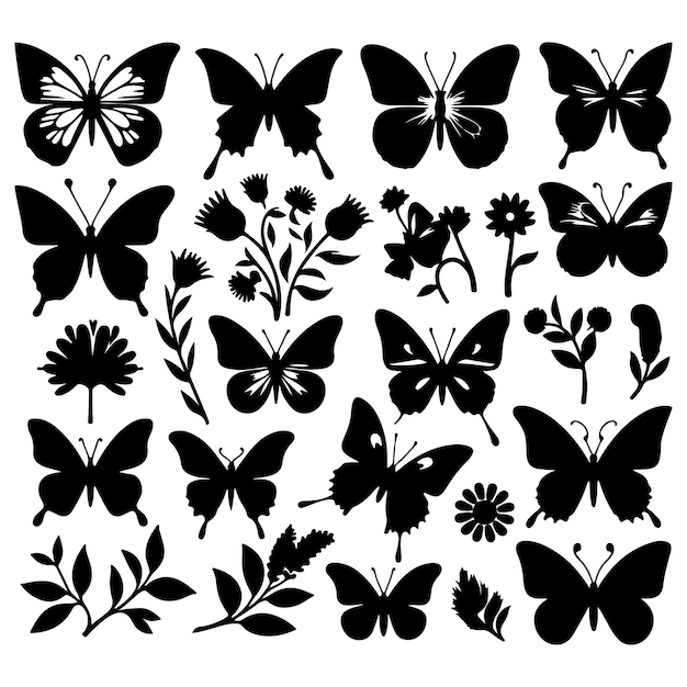 set of silhouette vector clip art butterflies white background clean background full view