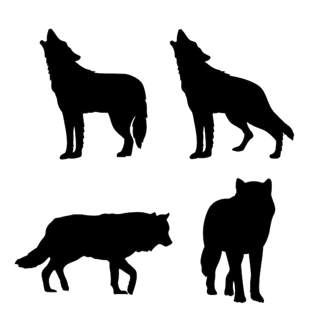 Set of Silhouette wild wolves in different poses.