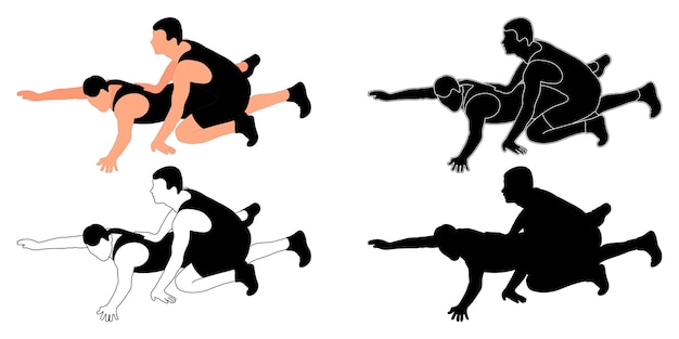 Set silhouettes athletes wrestlers in wrestling duel fight Greco Roman  wrestling Martial art