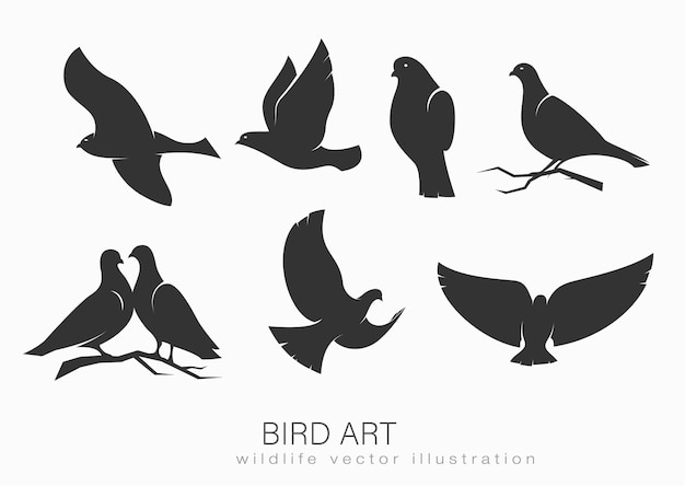 Set of silhouettes of birds in motion on a white background