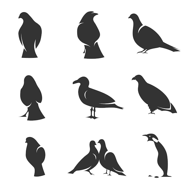 Set of silhouettes of birds in motion on a white background