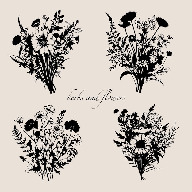 Vector set silhouettes bouquet of wild flowers