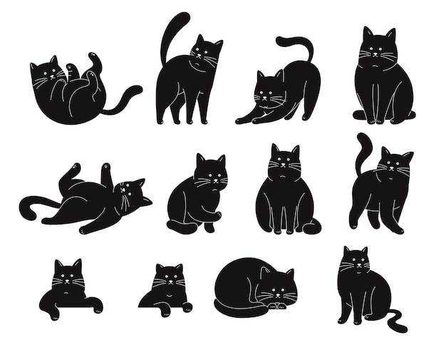 Set of silhouettes of cats Funny cartoon black cats in different poses Funny pets Vector