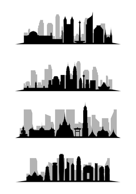 A set of silhouettes of city buildings