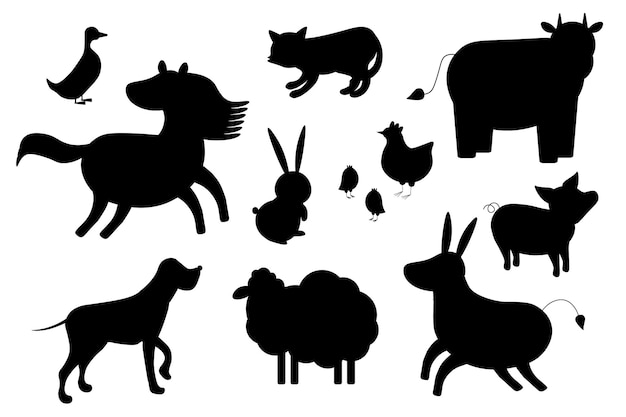 Set of silhouettes of domestic farm animals Vector illustration livestock isolated on white side view profile Collection silhouette of domestic cattle EPS