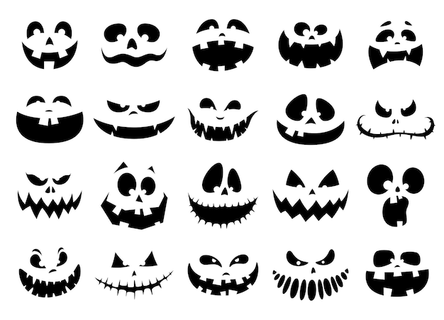 A set of silhouettes of faces for Halloween Scary fun smiles for pumpkins and ghosts Vector illustration