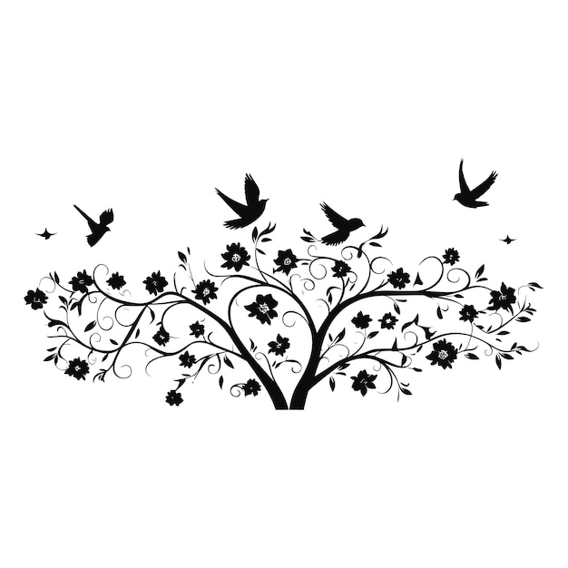 A set of silhouettes of a graceful tree blooming flowers with birds