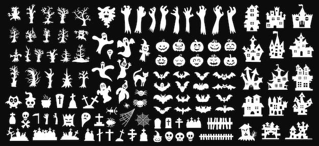 Set of silhouettes of Halloween on a black background Vector illustration