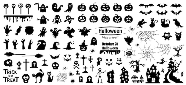 Set of silhouettes of Halloween on a white background Vector illustration