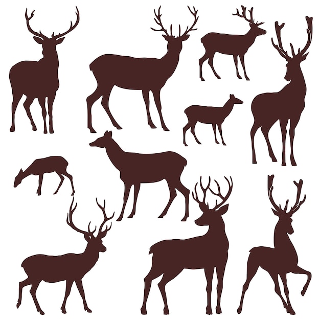 Set of silhouettes of horned deer and fawn