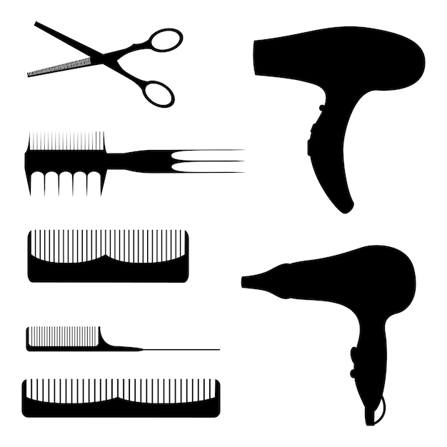 Set of silhouettes of items for beauty salons, beauty shops on white background. Vector illustration. Cartoon style.