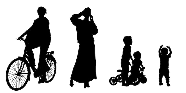 Set of silhouettes of men and a women a group of standing people isolated on background