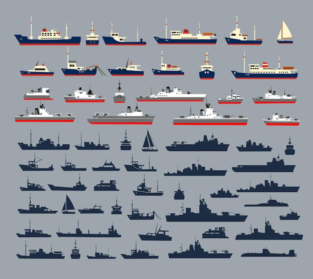 Vector set of silhouettes of ships, consisting of numerous warships, naval vessels, yachts and cruise ships, ships and pleasure boats for a cruise.