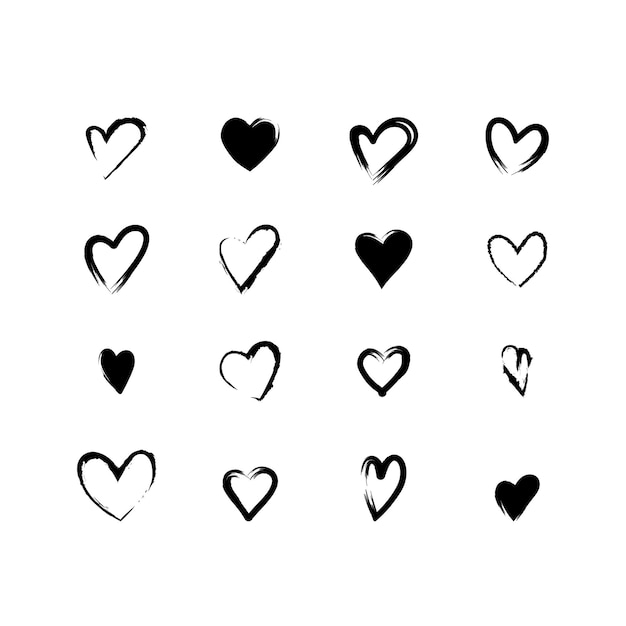 Set of simple black vector heart icons for valentines day and wedding thin line outline and shape co...