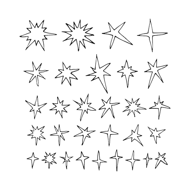 A set of simple cosmic stars Doodles with contour lines in black ink