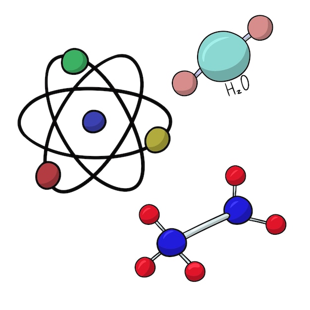 A set of simple diagrams of molecules and atoms vector illustration in cartoon style