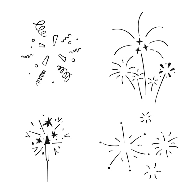 Vector set of simple doodle confetti sparkler and fireworks