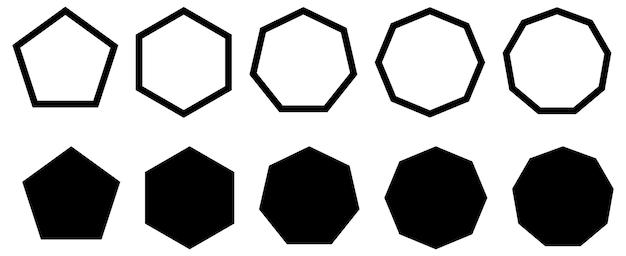 Vector set of simple polygons with five to nine sides. filled and outline version