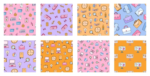 Set of simple seamless pattern with business finance doodles Cute print with hand drawn clipart